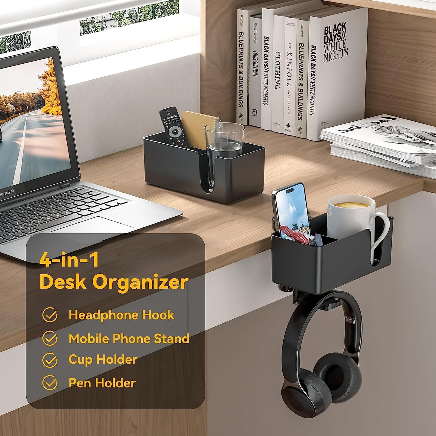 4-in-1 Desk Organizer with Under-Desk Headphone Hook, Dual Wire Holes, Rotating Headphone Hanger, Detachable Storage (Black)