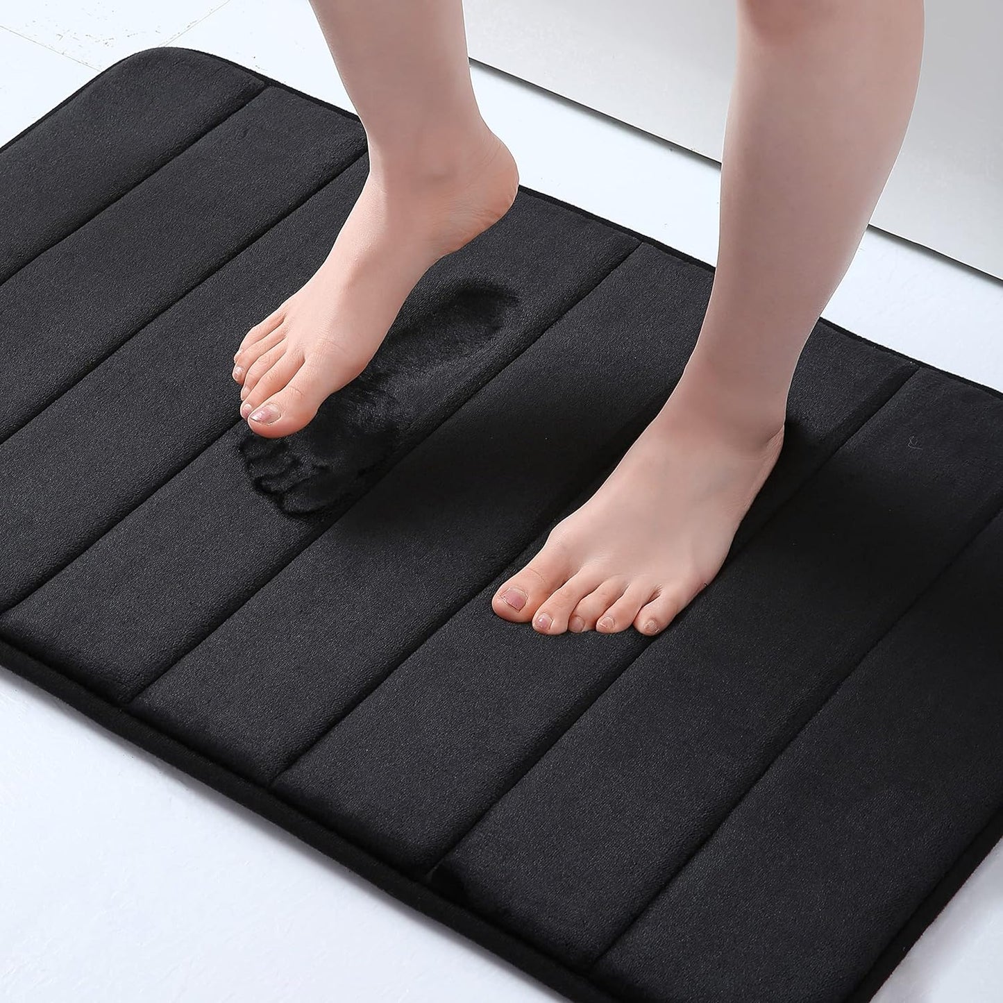Memory Foam Non-Slip Bath Mat with Absorbent Rubber Backing for Kitchen and Bathroom Floors, 16" x 24", Black