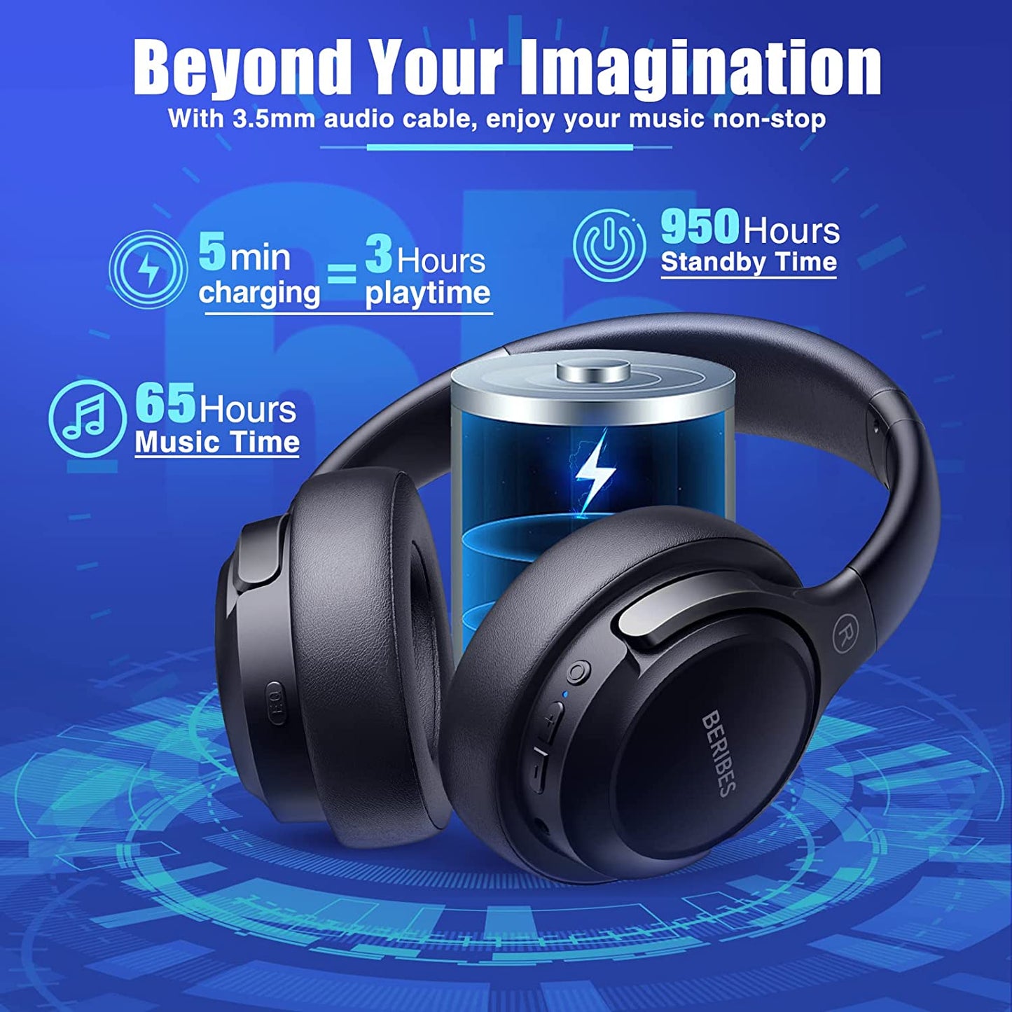 Over-Ear Bluetooth Headphones with 65 Hours Playtime, 6 EQ Modes, Immersive Bass, Hi-Fi Stereo, Foldable Design, and Built-In HD Microphone for Mobile and PC Use