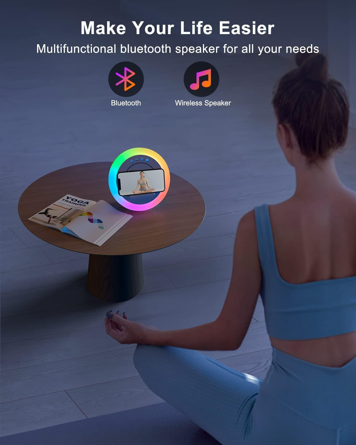 Bluetooth Speaker with LED Lighting and Wireless Charging, Dimmable Multi-Color Modern Night Lamp for Bedroom