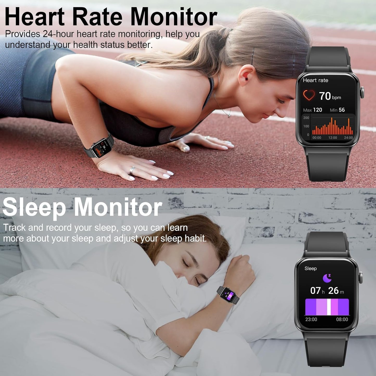 Bluetooth Smartwatch, 1.85" HD Touchscreen, 100+ Sports Modes, Heart Rate, SpO2, and Sleep Monitoring, IP68 Waterproof