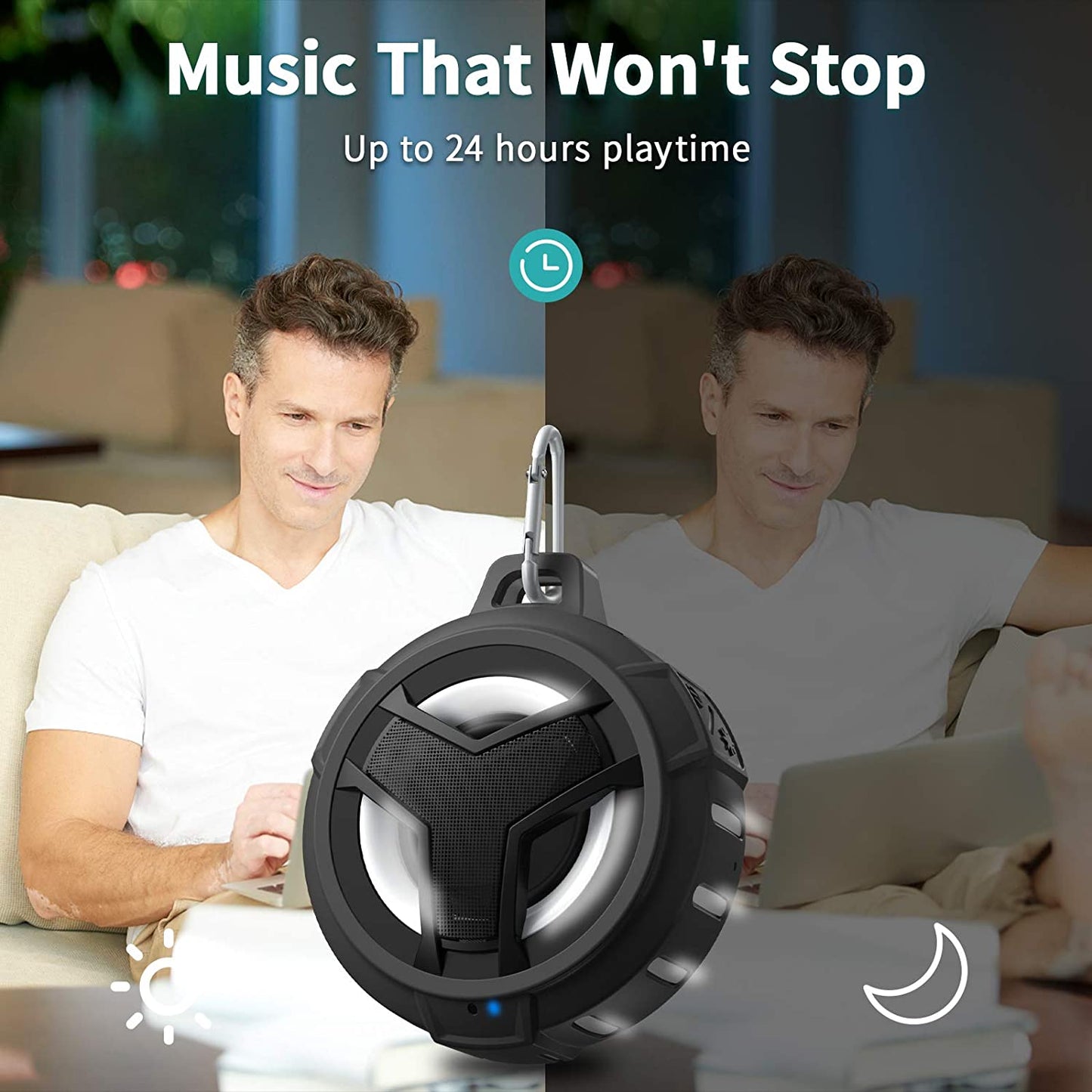Bluetooth Shower Speaker - Portable IP67 Waterproof Wireless Speaker with LED Light, Floating Design, 2000mAh Battery, True Wireless Stereo for Outdoor Activities - Black