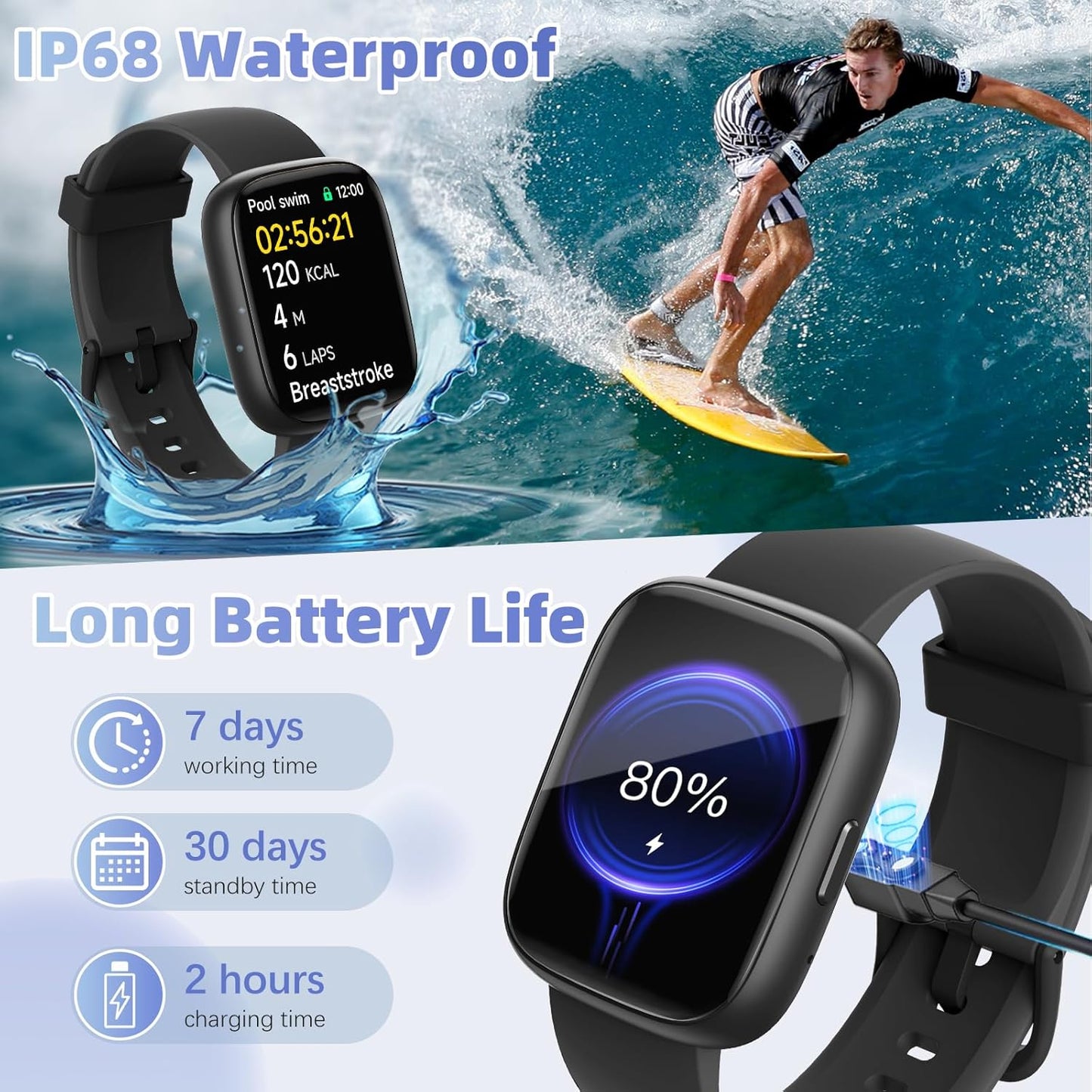 Smartwatch with Call Functionality, Built-in Alexa, 1.83" HD Touchscreen, Fitness Tracking, Heart Rate, SpO2, Sleep Monitoring, IP68 Waterproof, 100 Sports Modes