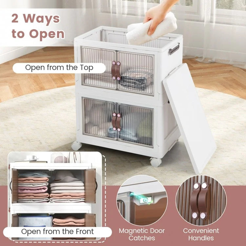 25.5/60 Gallon 3-Tier Stackable Storage Bins with Magnetic Doors and Lockable Casters