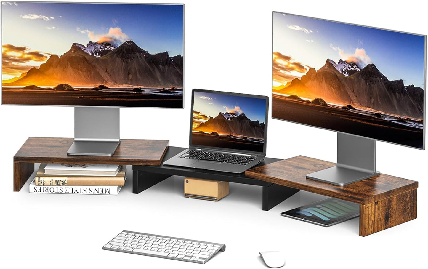 Dual Monitor Stand with Adjustable Length and Angle, 48.2" Desk Riser for Computer Monitors, Brown Office Accessory