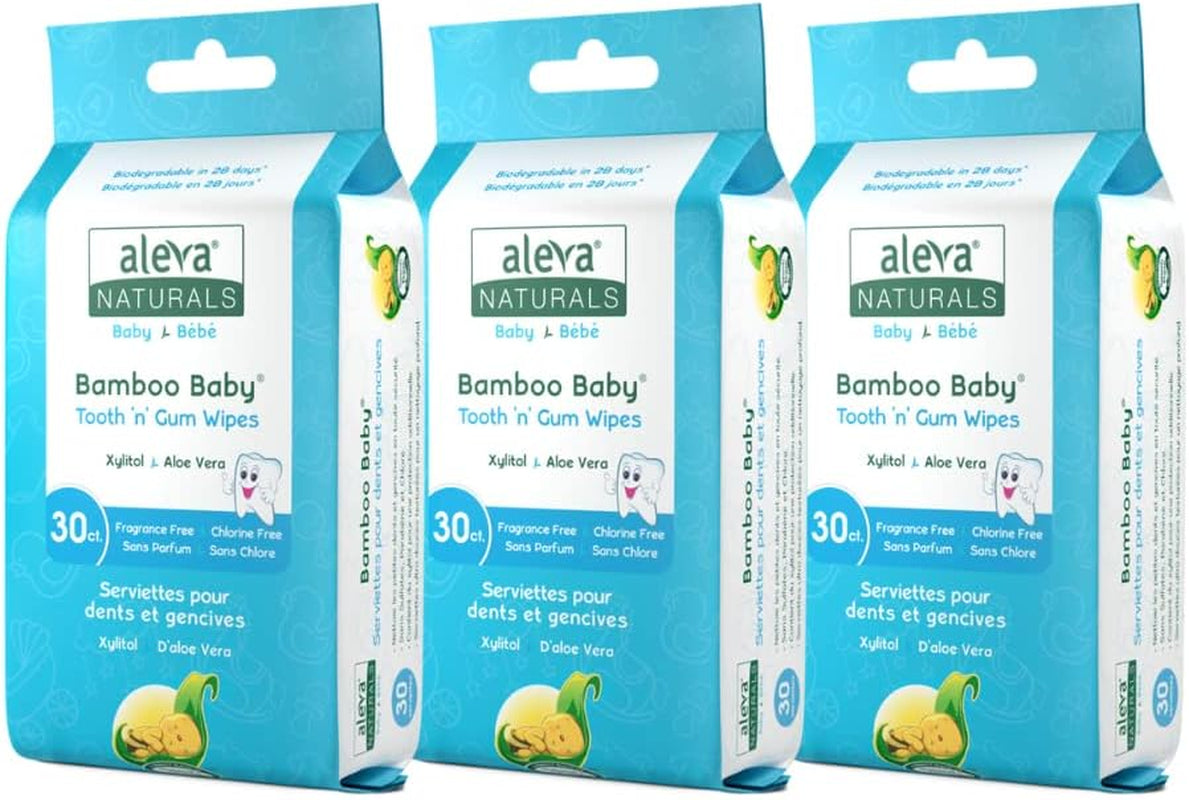 Bamboo Baby Tooth and Gum Wipes - Healthy Child Care, Natural and Vegan Wipes, Formulated - Xylitol - Value Pack- 30 Count X 3 (90 Wipes Total)