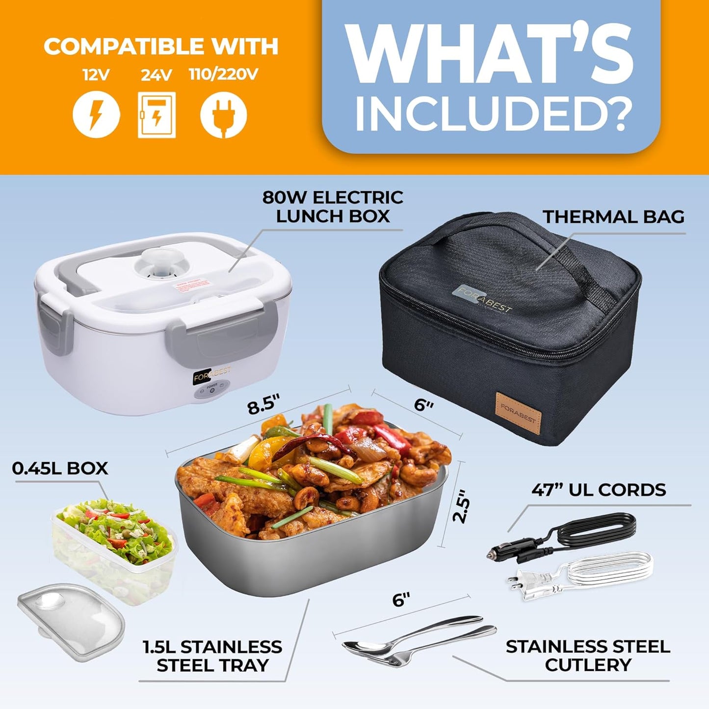 Electric Lunch Box Food Heater - 80W Portable Tiffin for Car/Truck (12/24V) & Office (110/220V) - 1.5L Heated Lunch Container