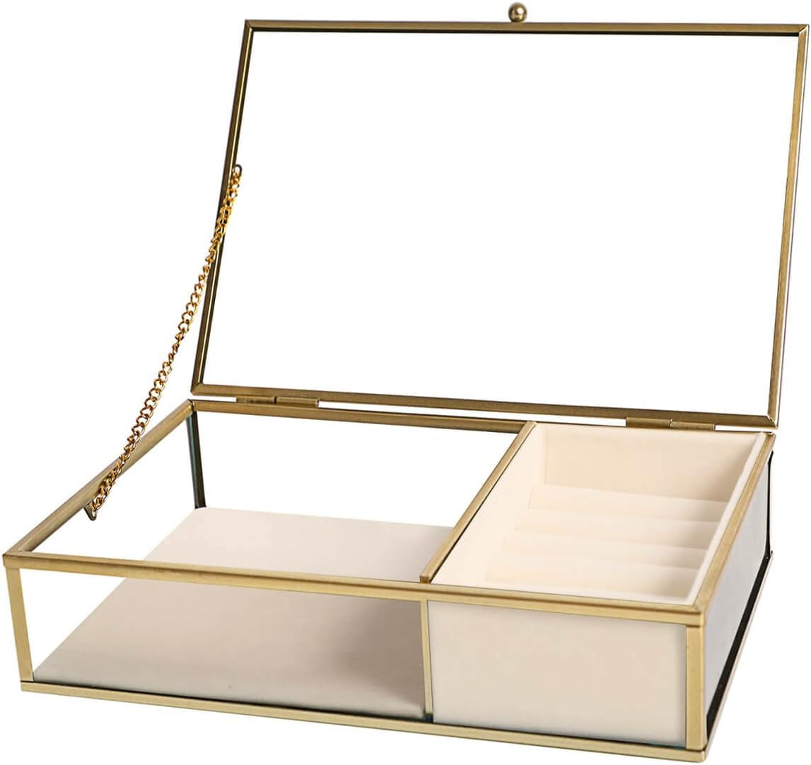 Elegant Glass Jewelry Box with Gold Metal Frame, Velvet Tray, and Trinket Chest - Clear Keepsake Display Case
