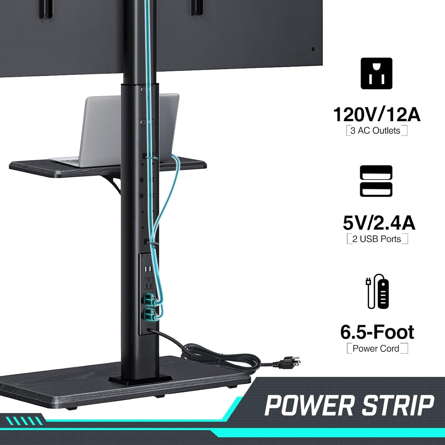 TV Stand with Power Outlet, Universal Floor TV Stand for 32-70 Inch, Swivel Tall TV Stand - AV Shelf, Holds up to 110 Lbs, Height Adjustable, Black
