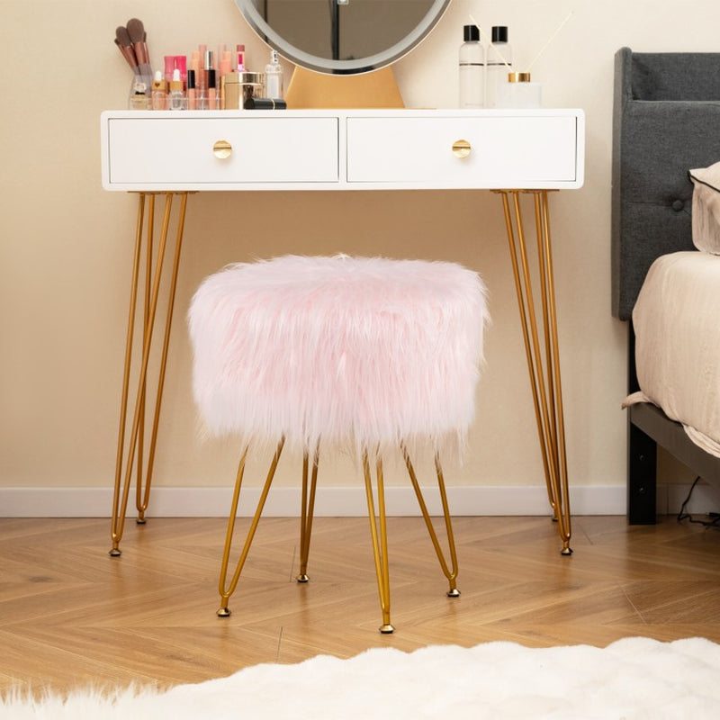 Round Faux Fur Upholstered Vanity Stool with Padded Seat