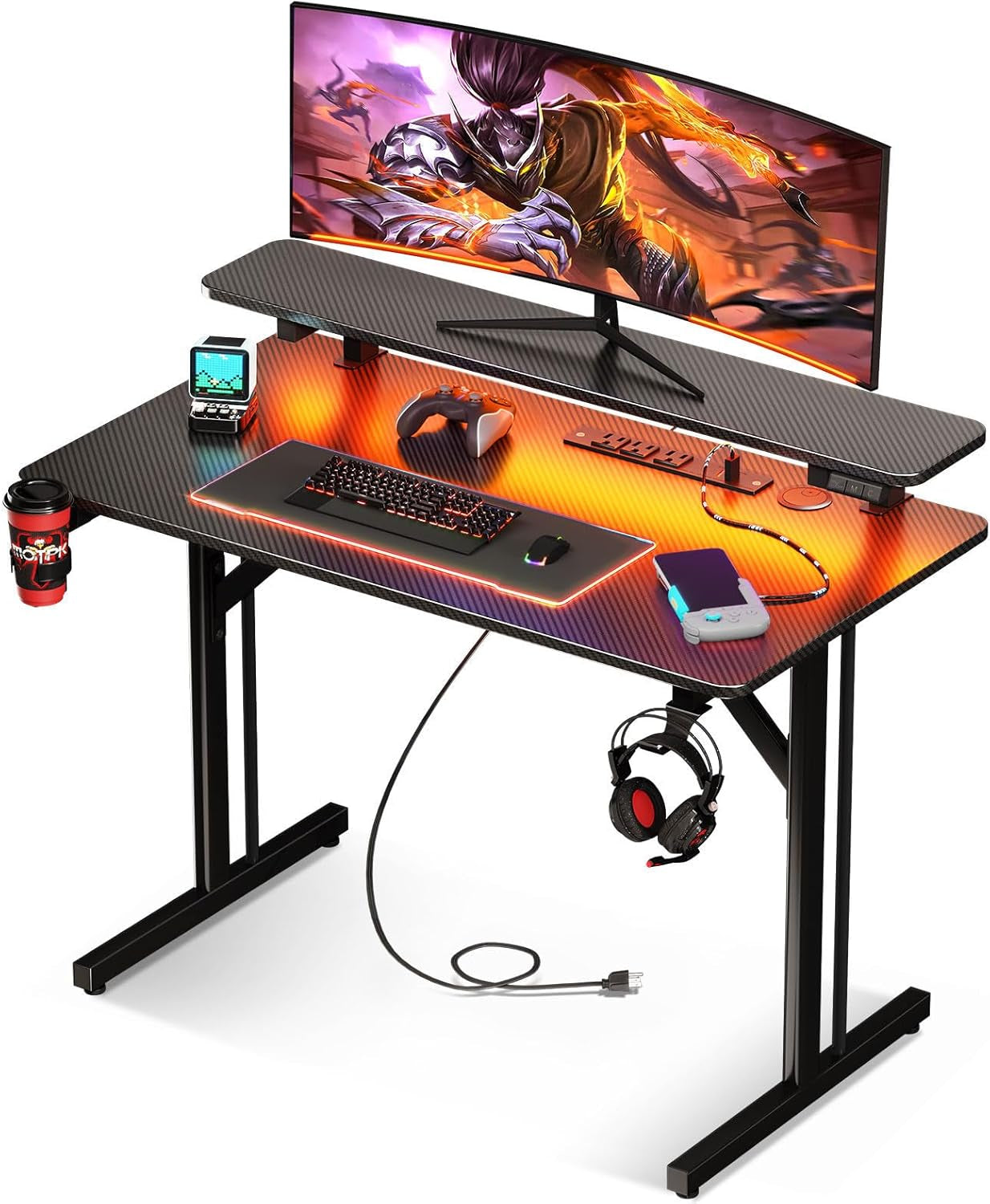 31-Inch Gaming Desk with LED Lighting and Power Outlets, Carbon Fiber Texture Computer Table with Monitor Shelf