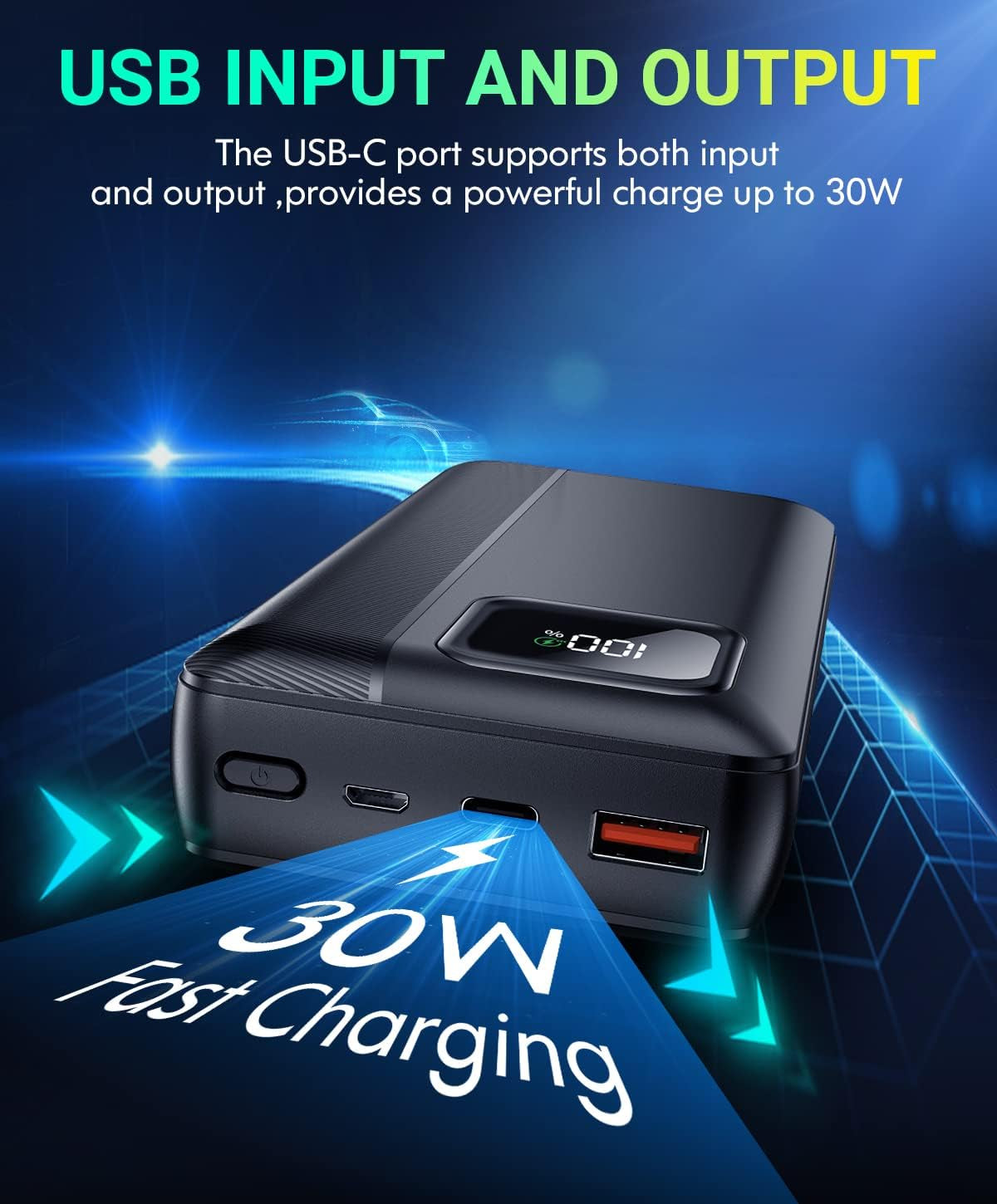 High-Capacity 40000mAh Portable Power Bank - PD 30W and QC4.0 Fast Charging, Built-in Dual Output Cables, LED Display
