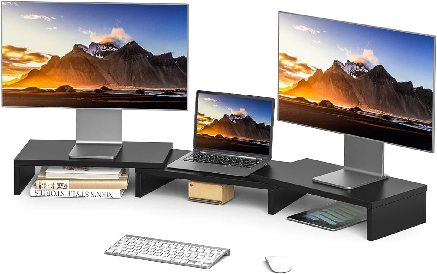 Dual Monitor Stand with Adjustable Length and Angle, 48.2" Desk Riser for Computer Monitors, Brown Office Accessory