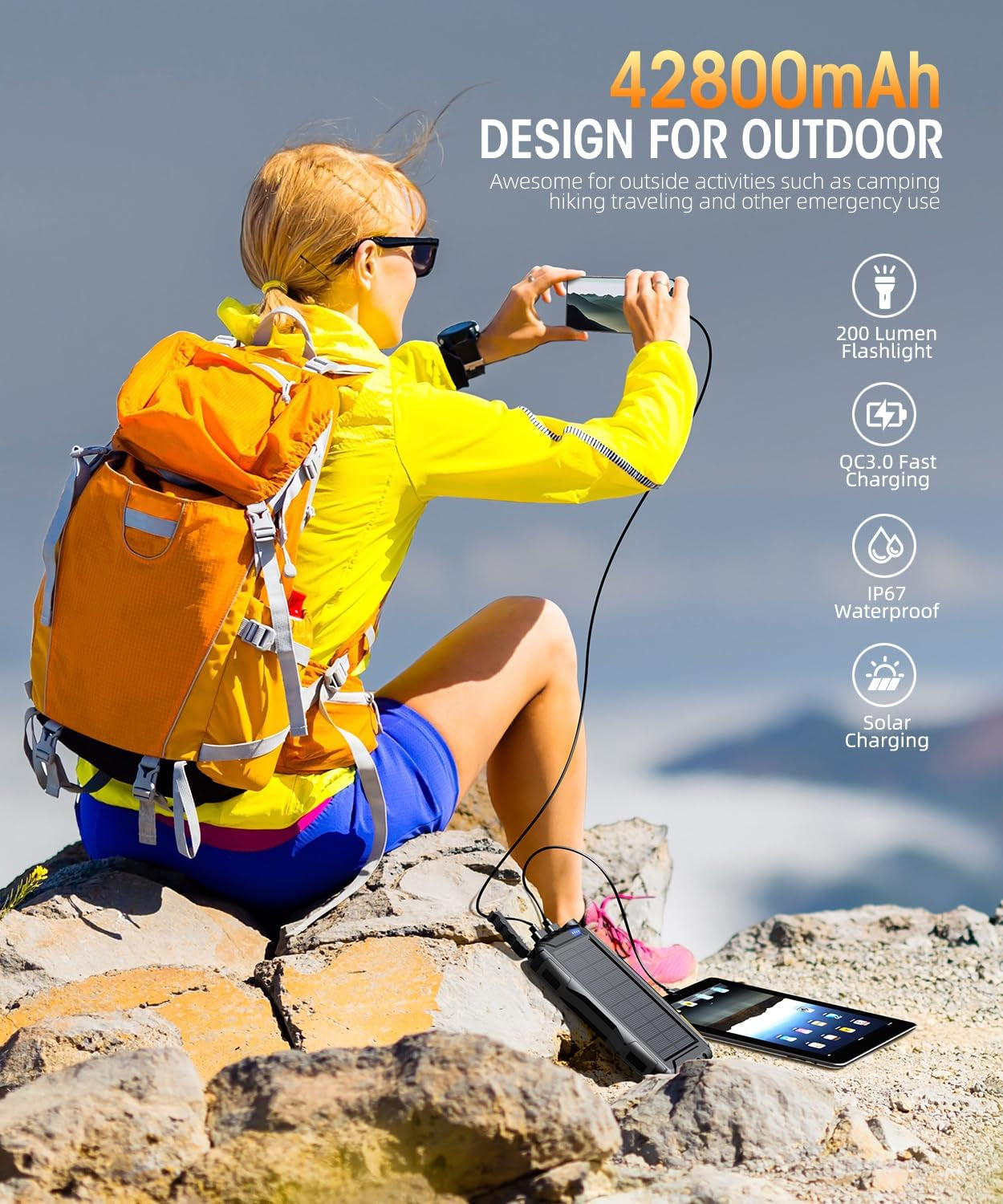 Solar Power Bank - 42,800mAh Portable Charger, External Battery Pack with 5V/3.1A QC 3.0 Fast Charging and Built-In Super Bright Flashlight (Black)