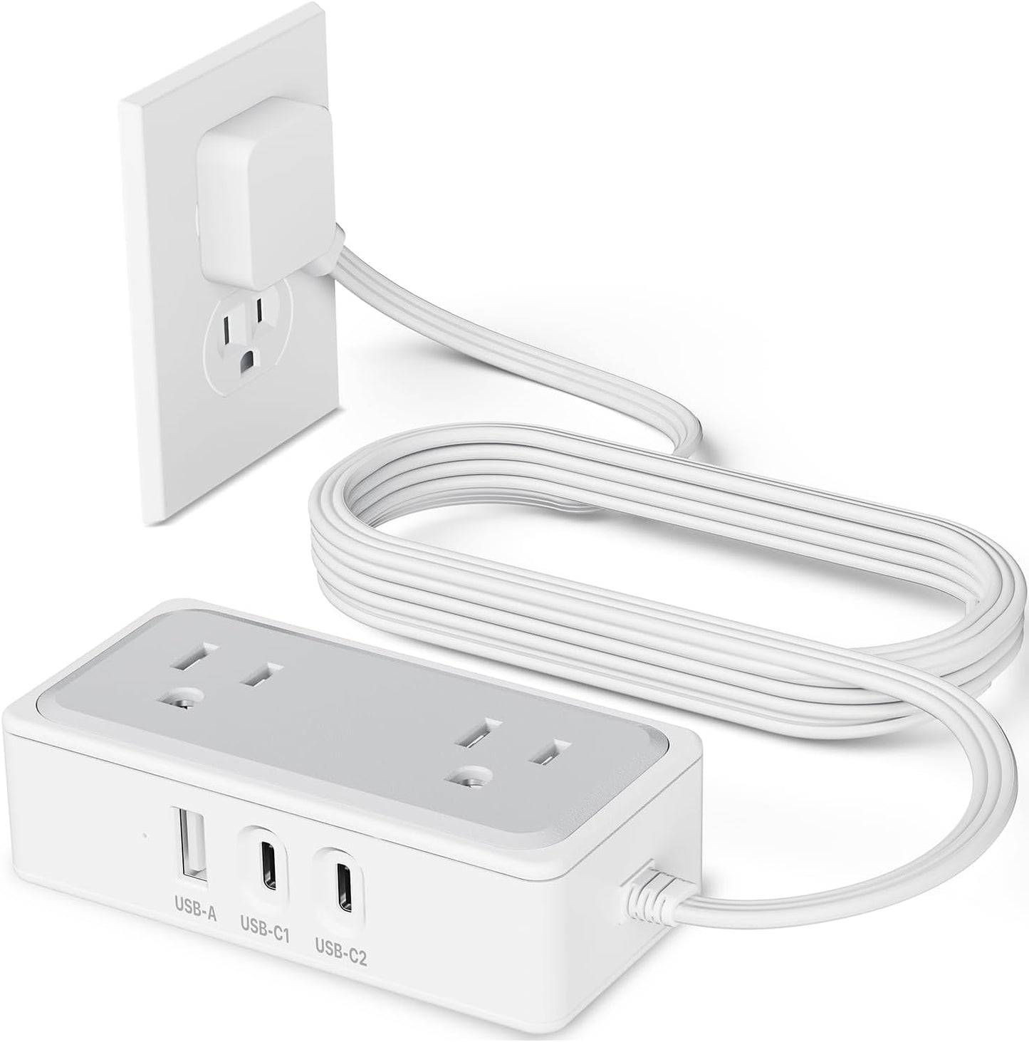 Ultra-Thin Flat Plug Power Strip with USB-C, 4FT Extension Cord, 2 Outlets and 3 USB Ports (2 USB-C),