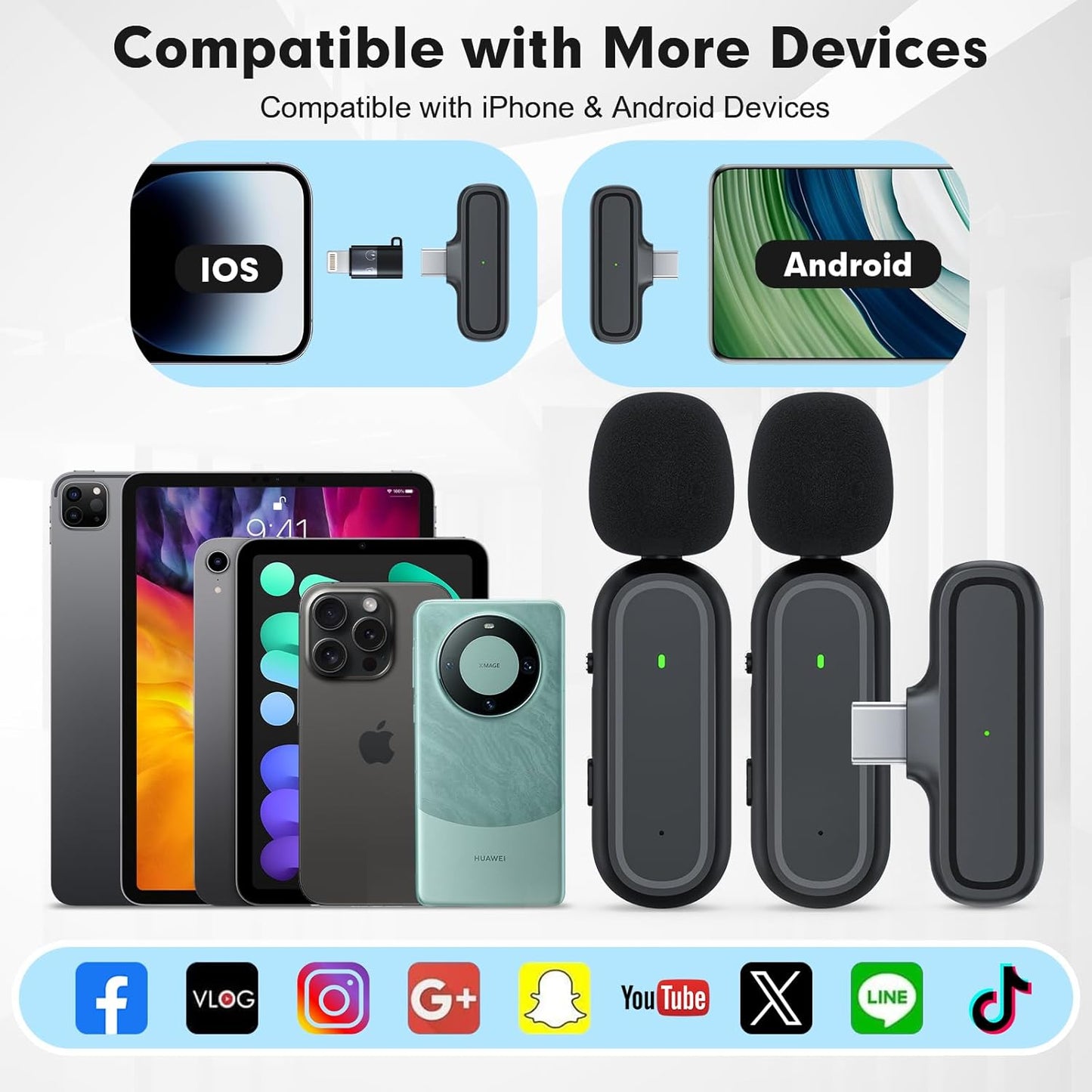 Dual Wireless Lavalier Microphone Set for Phone, iPad, Android - Charging Case, Jack Adapter, Noise Reduction, Plug-and-Play Clip-On Lapel Mic, YouTube, Recording, Vlogging, Facebook