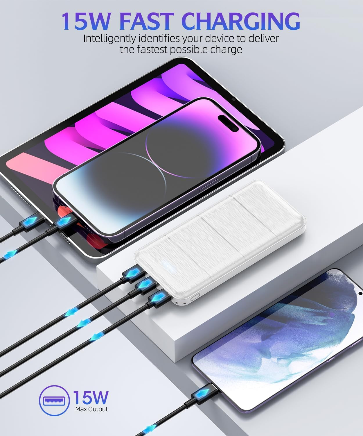 2 Pack 15000mAh Dual USB Fast Charging Power Banks - Portable Charger Power Bank - Compatible with Smartphones and All USB Devices (Deep Black and White)