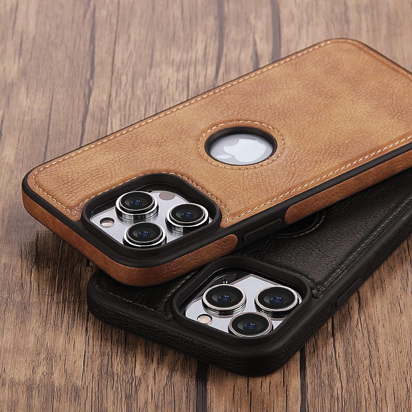 Premium Leather and TPU Hybrid Case Cover for iPhone 15 Pro Max - Brown