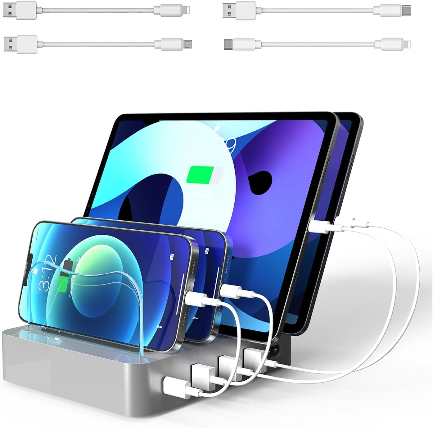 4-Port USB Charging Station and Organizer for Phones, Tablets, and Electronics - Detachable Desktop Docking Solution