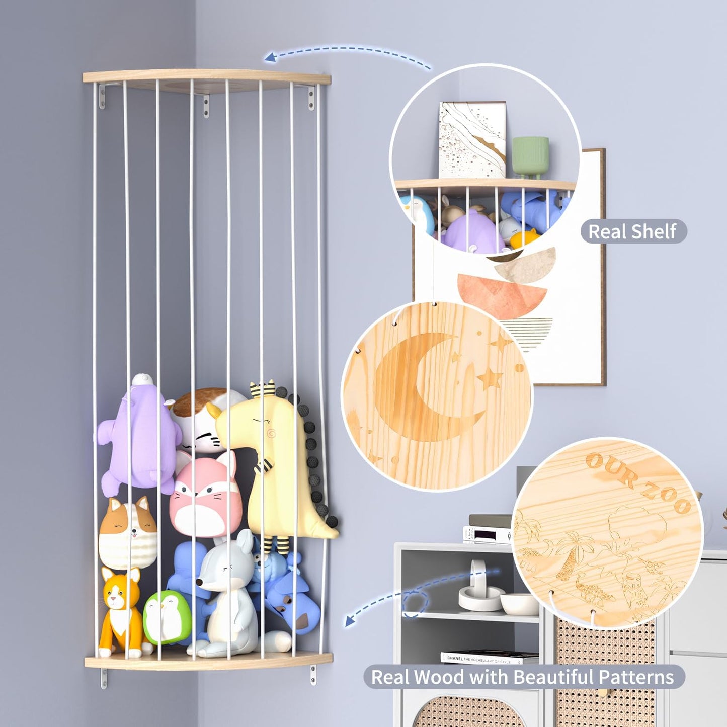 Wooden Stuffed Animal Storage Shelf with Adjustable Length - Large Corner Organizer for Plush Toys, Featuring Moon Zoo Pattern