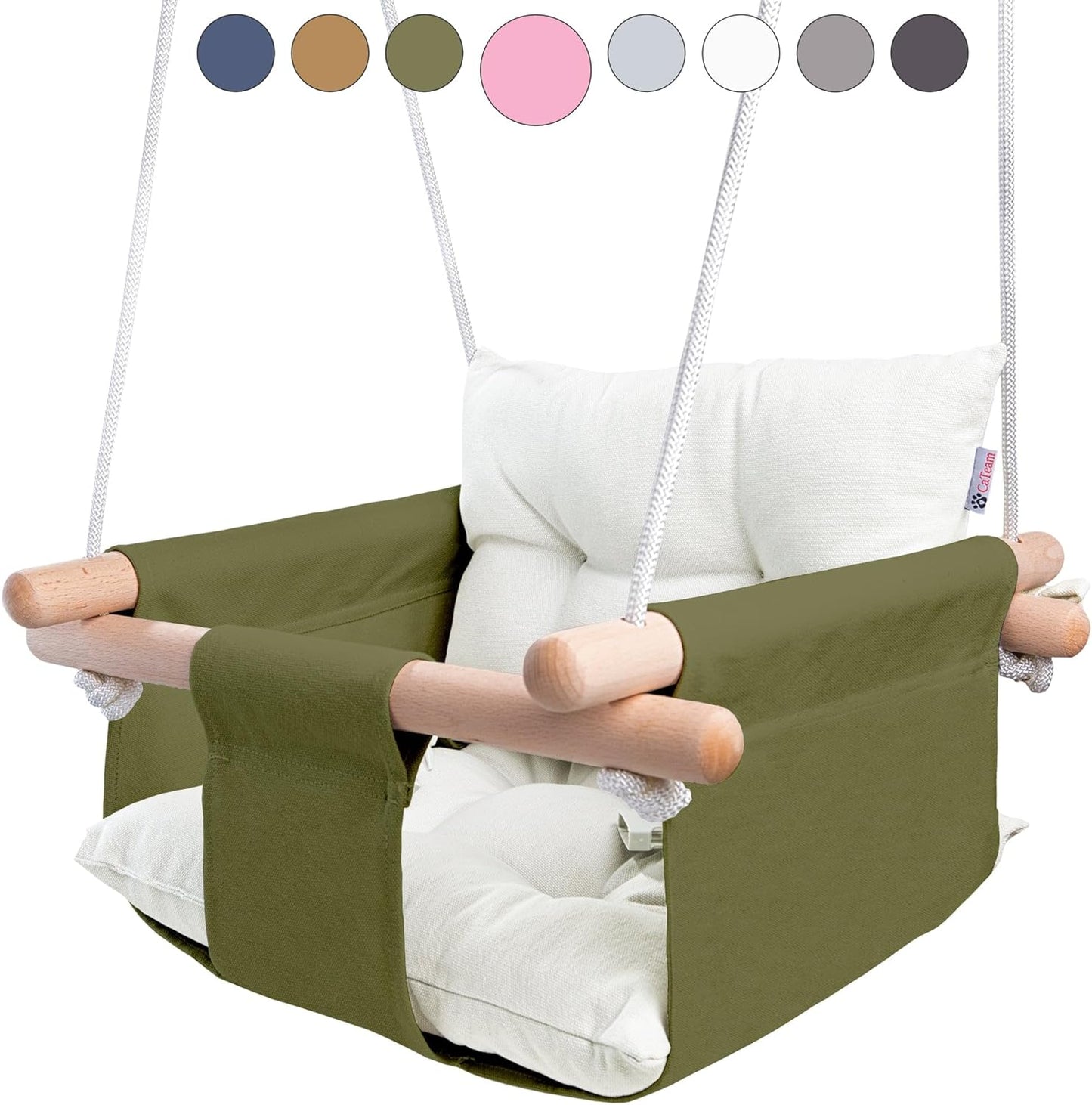 Ivory Canvas Baby Swing with Wooden Seat and Safety Belt - Durable Indoor/Outdoor Swing, Includes Mounting Hardware