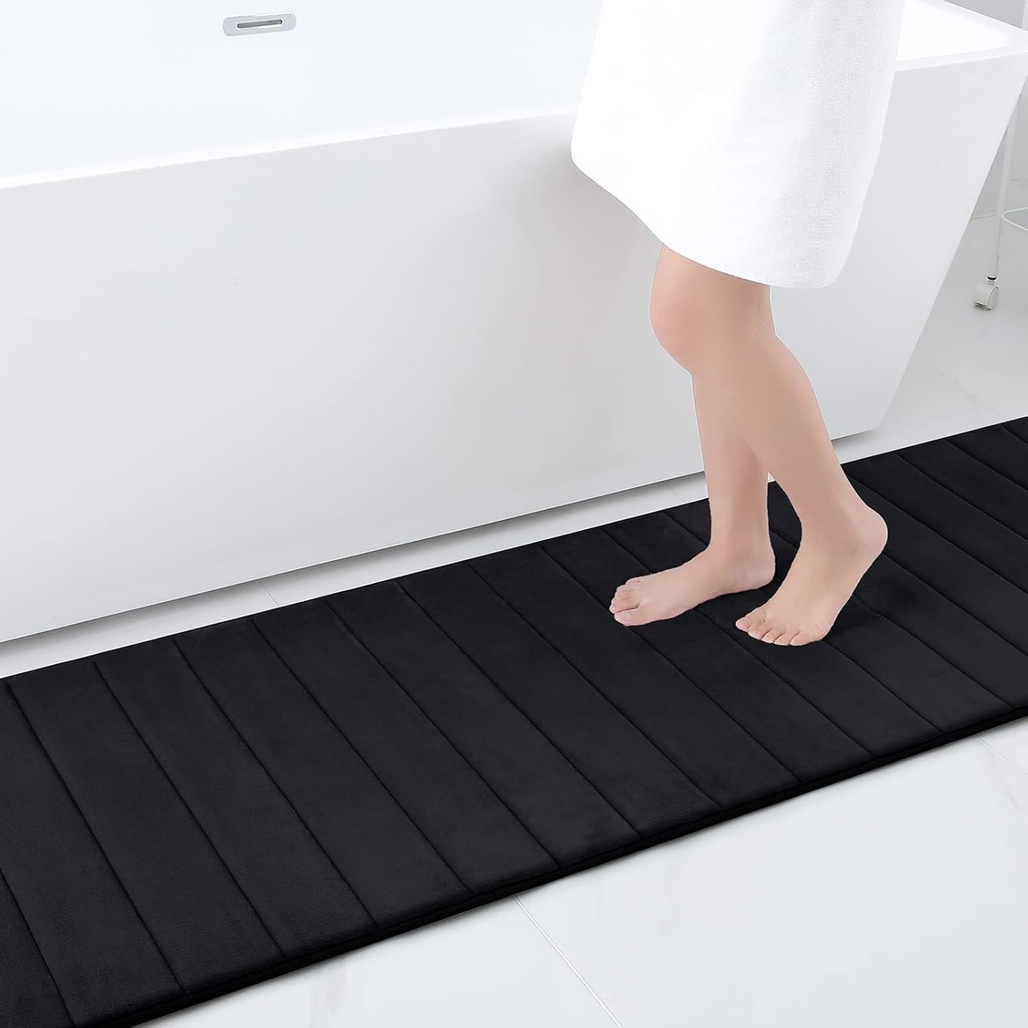 Memory Foam Non-Slip Bath Mat with Absorbent Rubber Backing for Kitchen and Bathroom Floors, 16" x 24", Black
