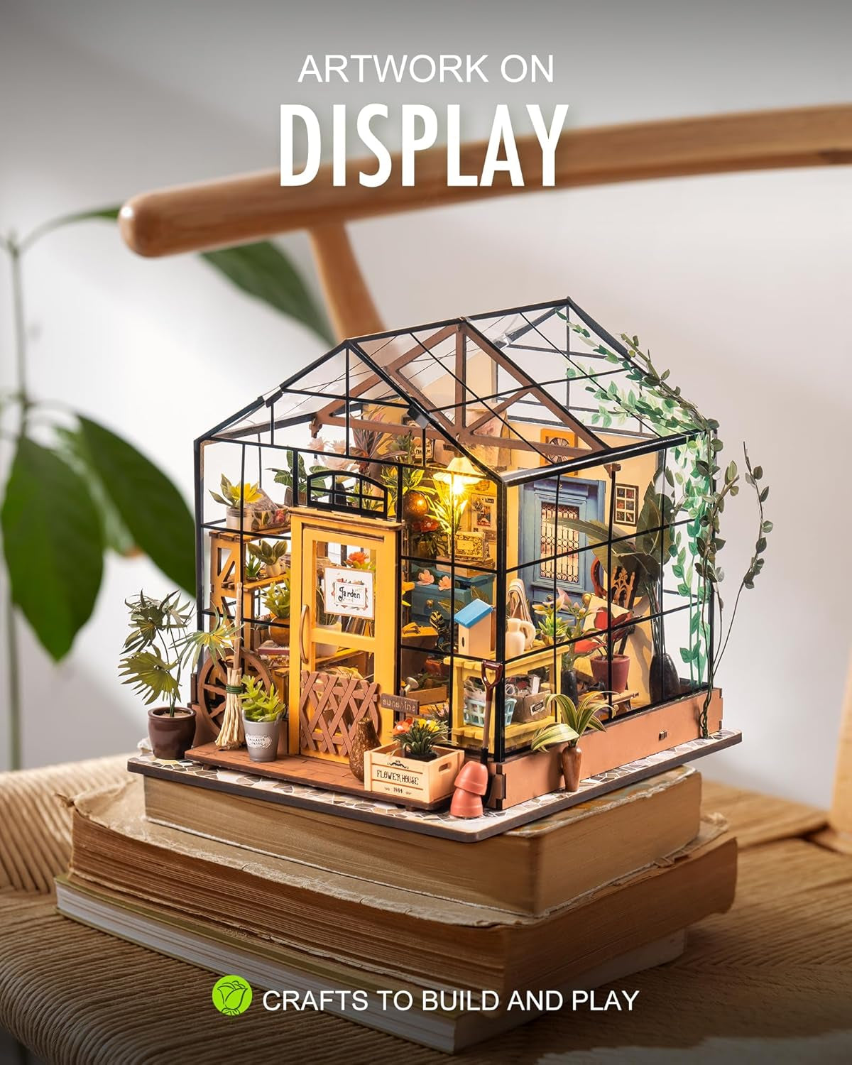 DIY Miniatures Dollhouse Kit, Miniature Greenhouse DIY Craft Kits for Adult to Build Tiny House Model with Lights and Removable Model Plants, Birthday Gift for Friends (Casey'S Greenhouse)