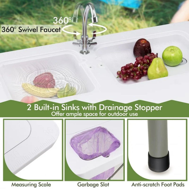 Fish Cleaning Table Featuring Dual Sinks and 360° Rotatable Faucet