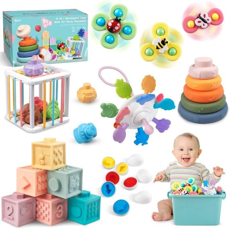 6-in-1 Montessori Baby Toys Ages 6-18 Months, Stacking Building Blocks, Pull String Teething Sensory Toys