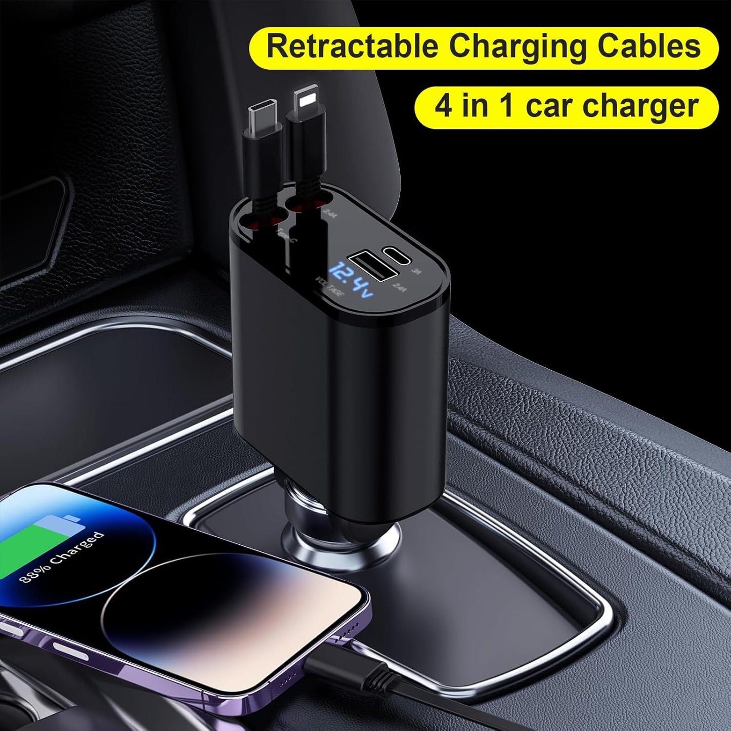 Retractable 4-in-1 Fast Charging Car Charger - 60W with Retractable Cable and Dual USB Ports