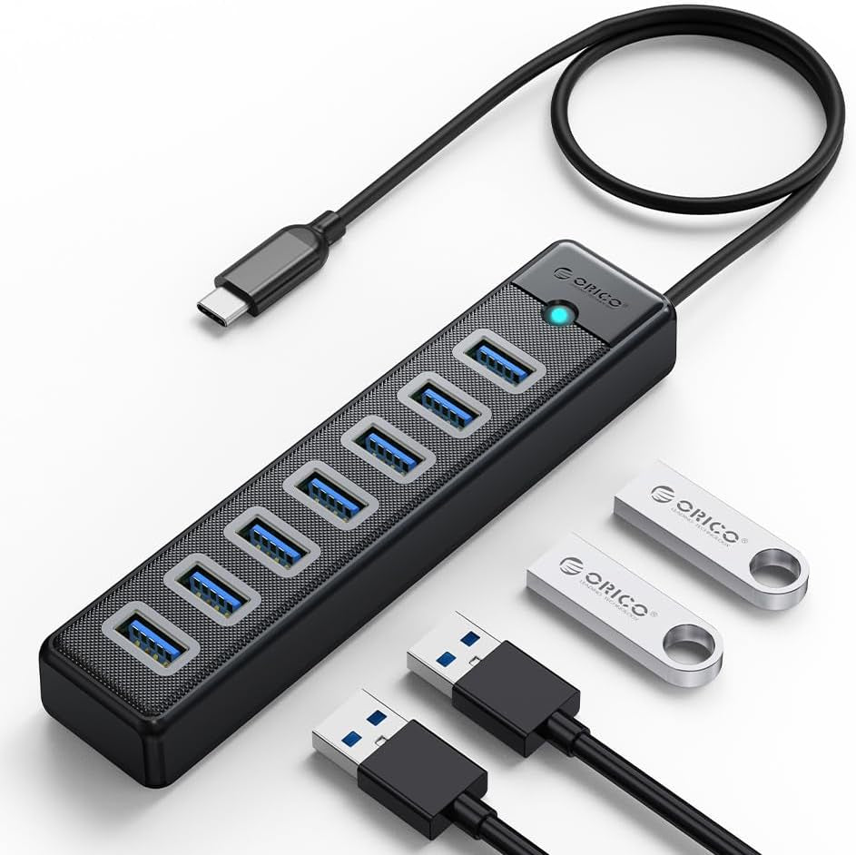 7-Port USB 3.0 Hub with 3.28Ft Extension Cable, 5Gbps High-Speed Data Transfer USB Splitter for Laptops, PCs, Flash Drives, Printers, Mobile HDDs