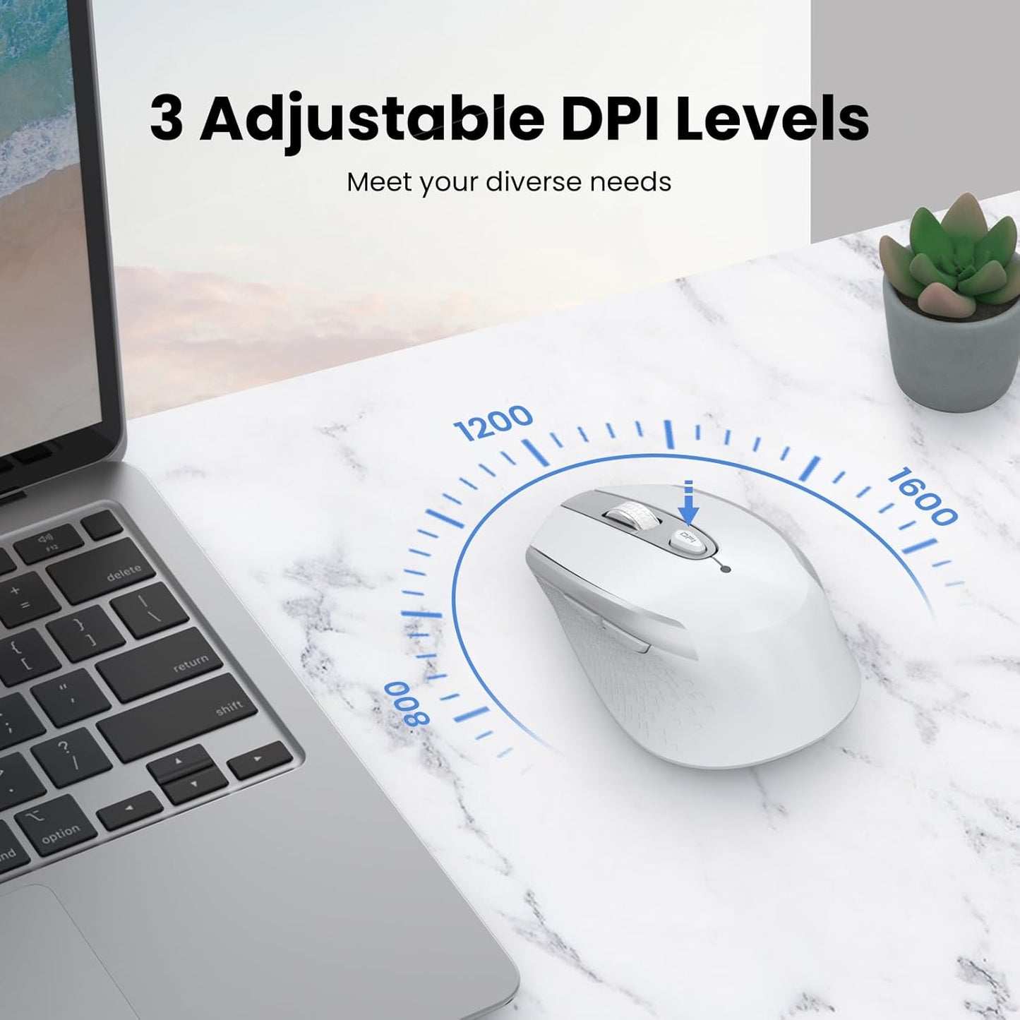 Ergonomic Wireless Mouse for Laptops - 2.4G Silent Optical USB Mouse with 6 Buttons, 3 Adjustable DPI Levels (White)