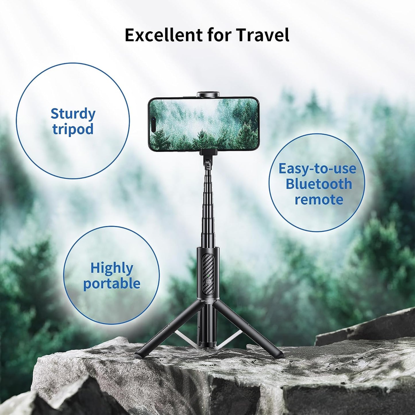 Extendable 3-in-1 Aluminum Bluetooth Selfie Stick Tripod with Wireless Remote for iPhone and Samsung Smartphones - Black