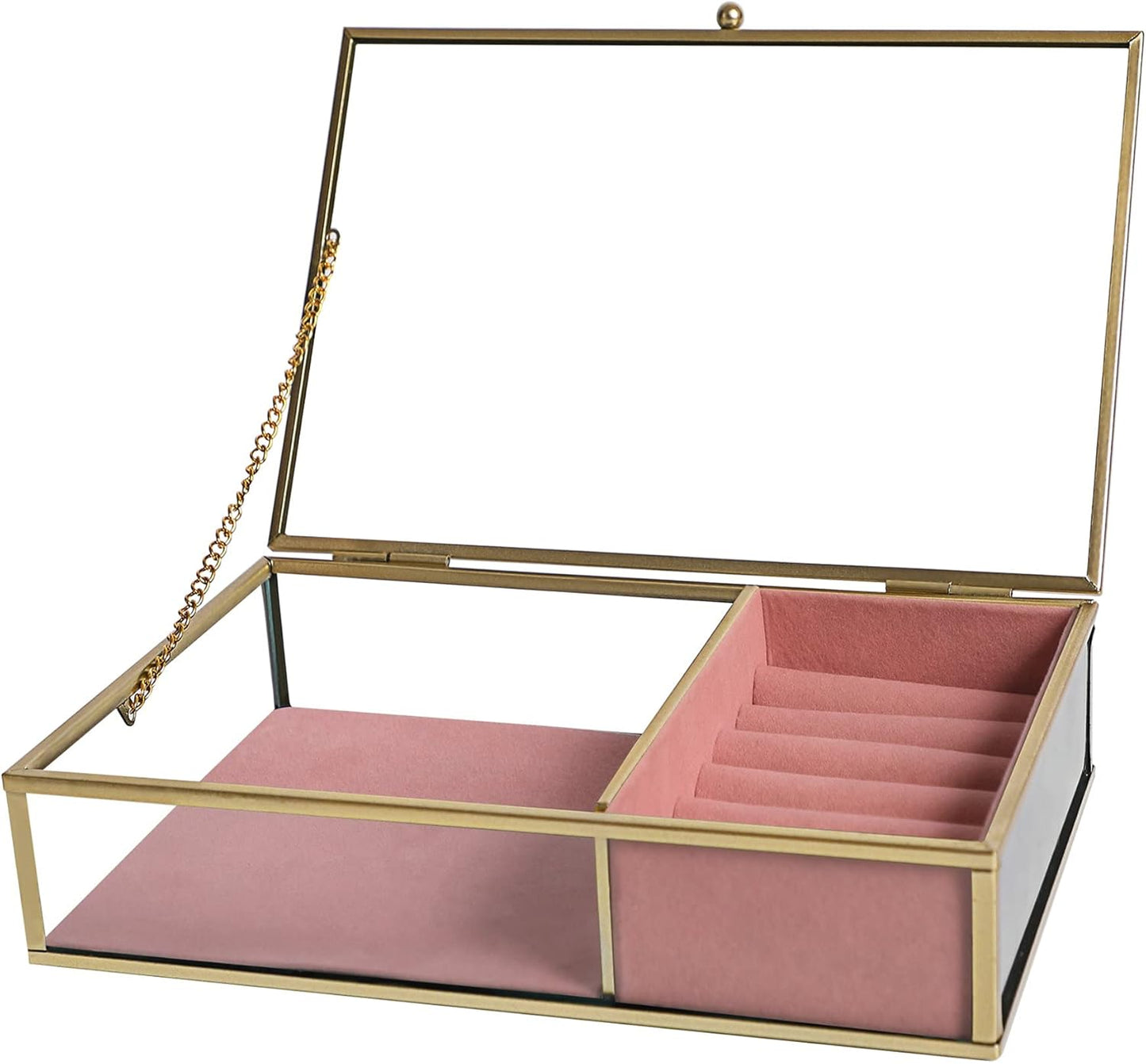 Elegant Glass Jewelry Box with Gold Metal Frame, Velvet Tray, and Trinket Chest - Clear Keepsake Display Case