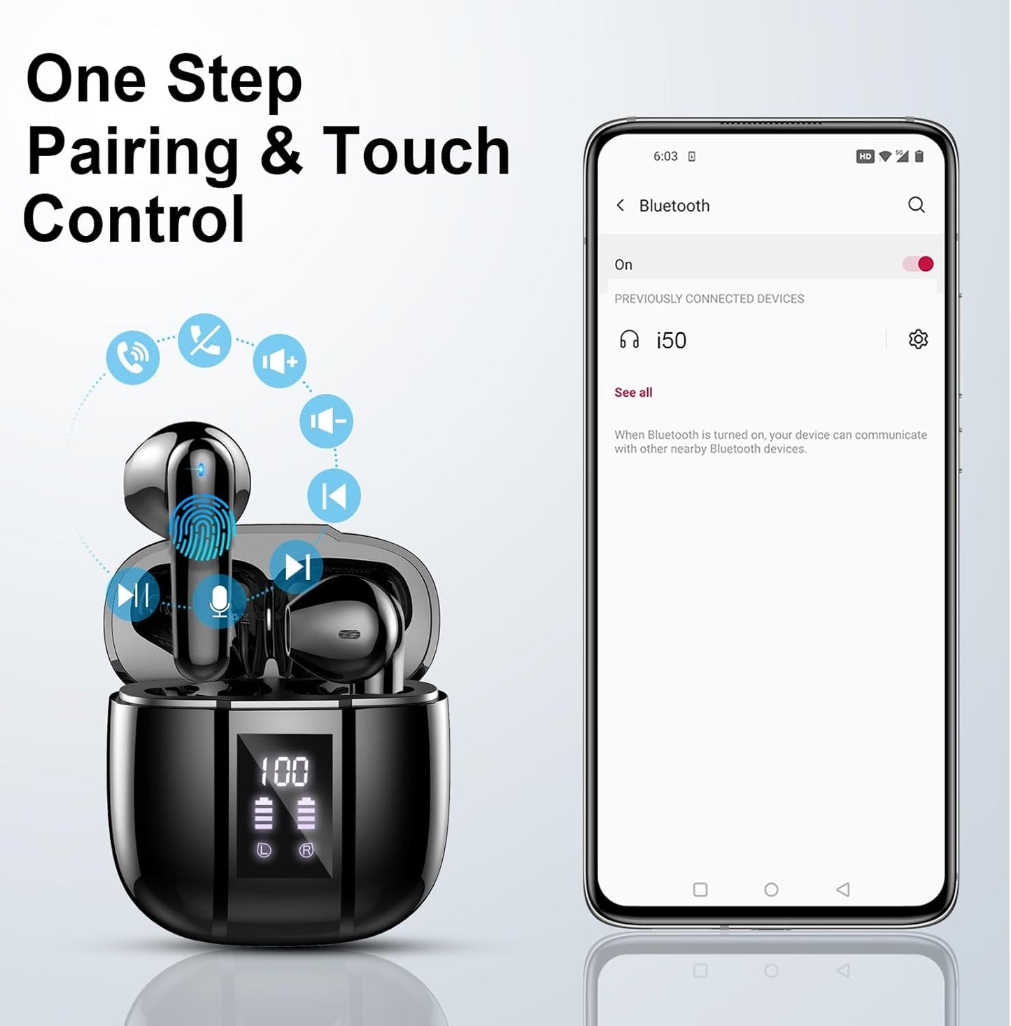 Bluetooth 5.3 Wireless Earbuds with 4 ENC Noise Cancelling Microphones, 48H Hi-Fi Stereo Sound, Dual LED Display, IP7 Waterproof