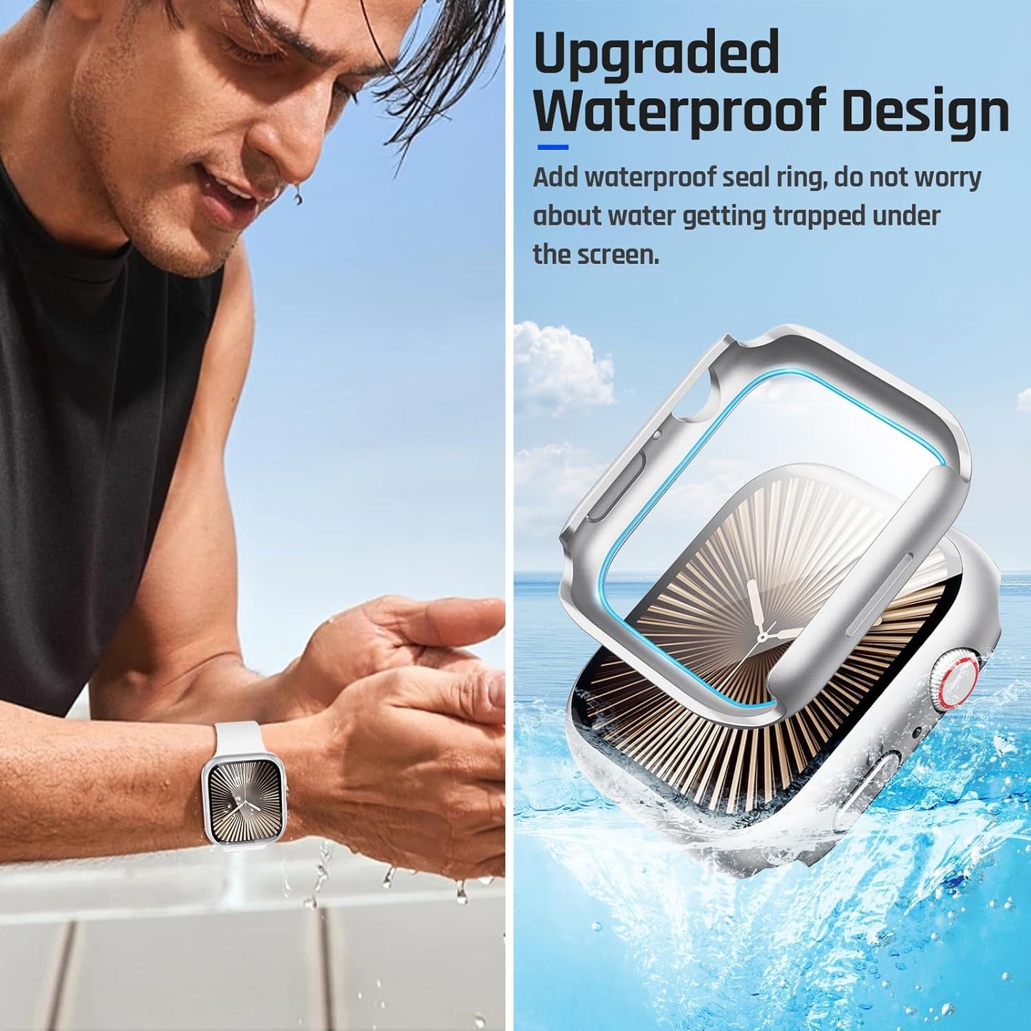 Waterproof Case and Tempered Glass Screen Protector for Apple Watch Series 10 (46mm) - Hard PC Bumper Face Cover Compatible with Original Silver iWatch Accessories