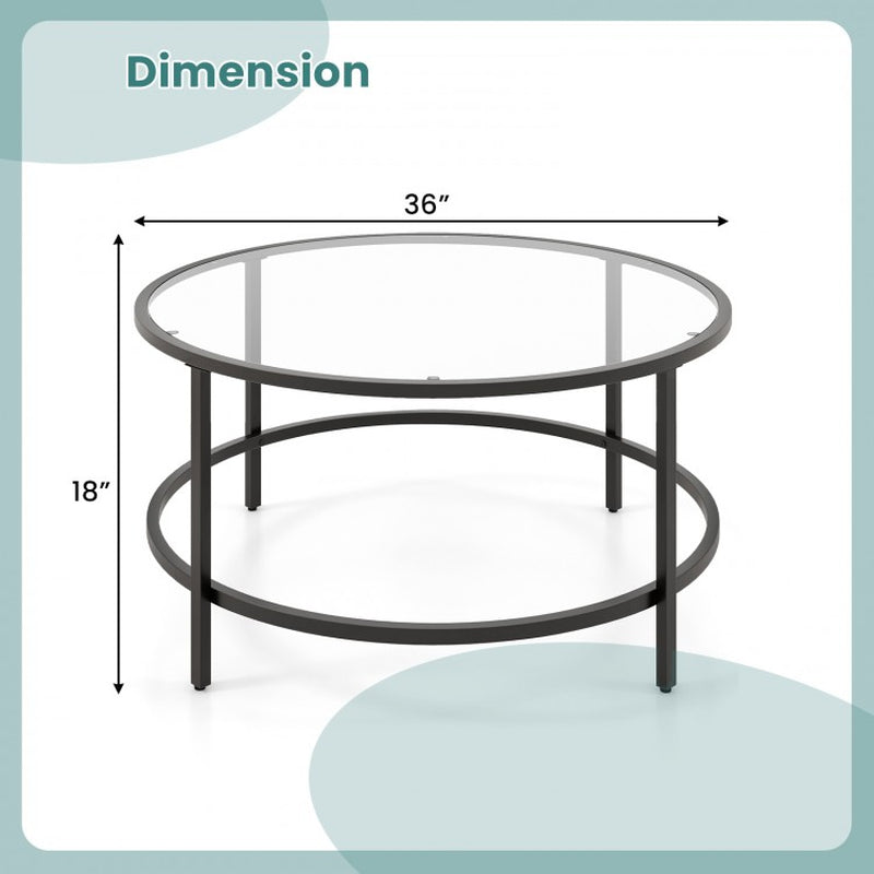 35.5-Inch Round Coffee Table with Tempered Glass Top