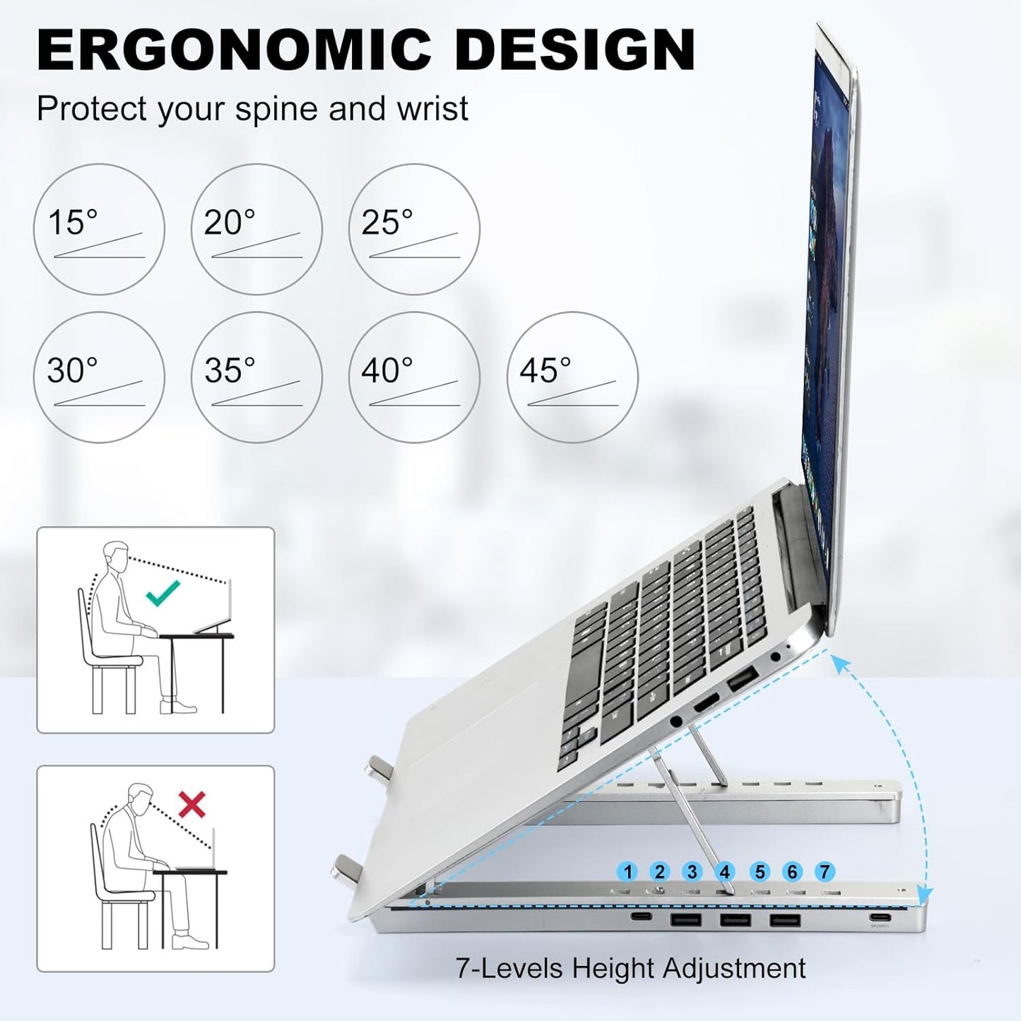 Laptop Stand with Usb、Type C and RGB Lights, Aluminum Adjustable Foldable Laptop Stand for Desk, Ergonomic Portable Laptop Riser Holder
