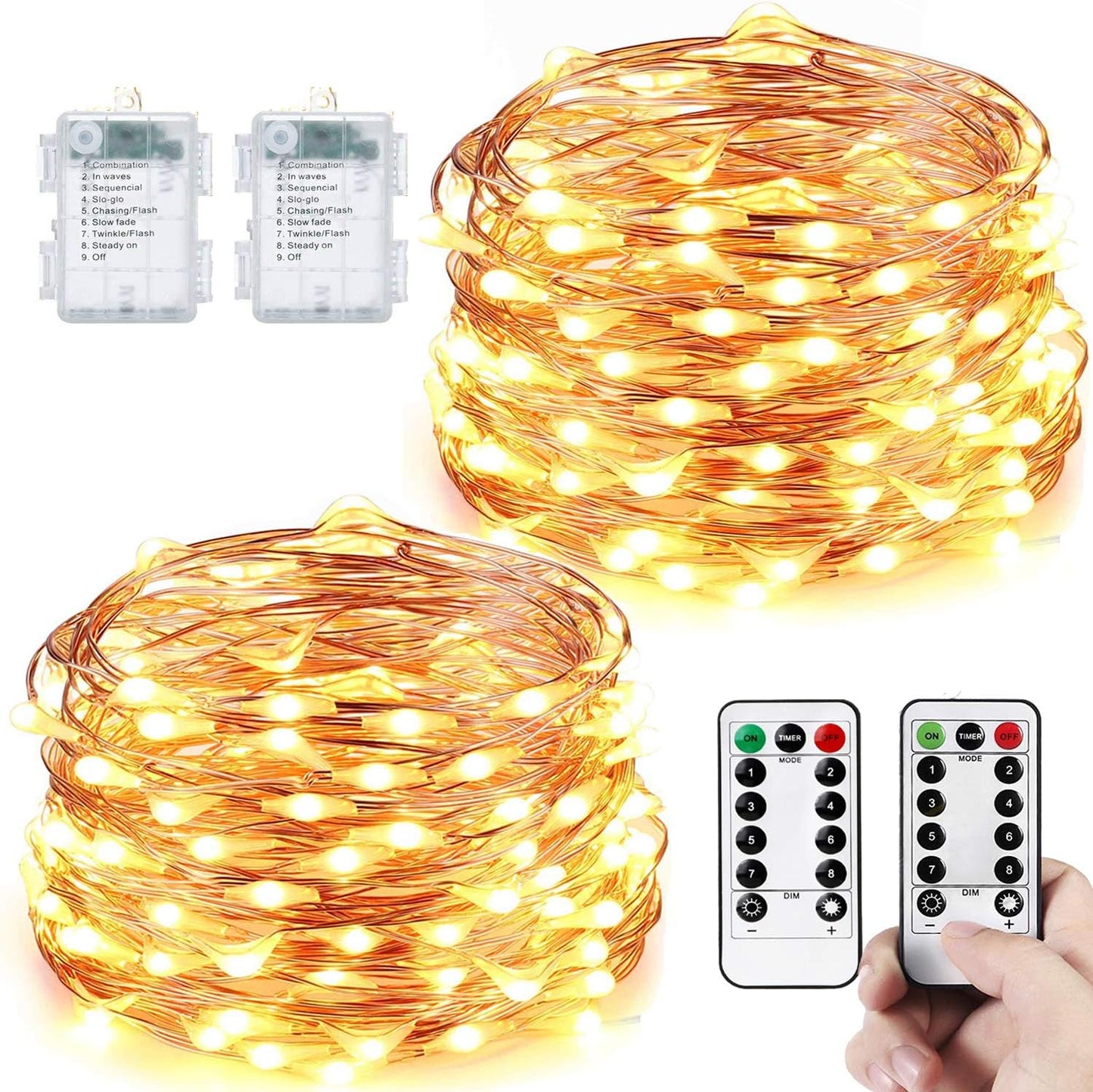 2-Pack Waterproof Battery-Operated Fairy Lights, 66ft with 200 LEDs, Remote Control - 8 Modes and Timer, Copper Wire Twinkle Lights