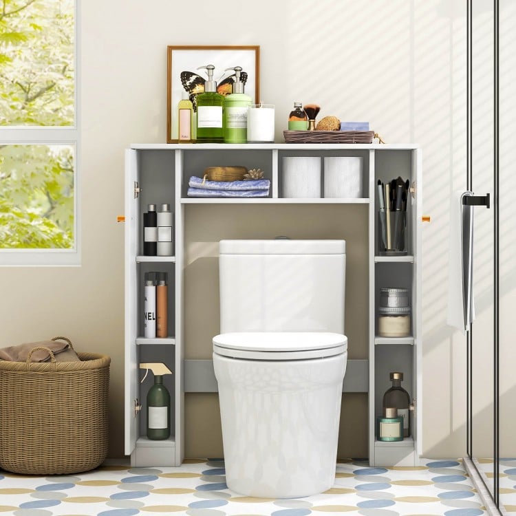 Over-the-Toilet Storage Cabinet with Dual Open Compartments and Four Adjustable Shelves