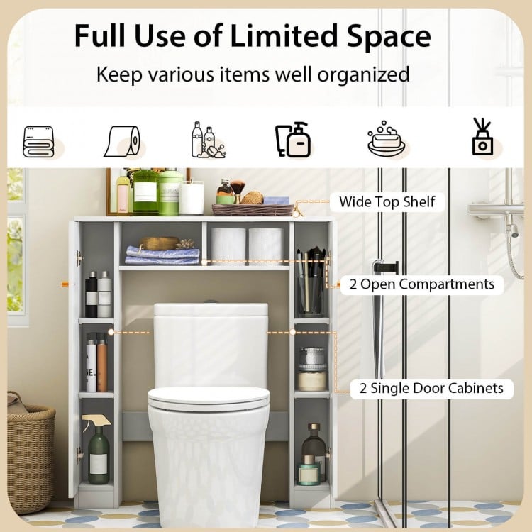 Over-the-Toilet Storage Cabinet with Dual Open Compartments and Four Adjustable Shelves