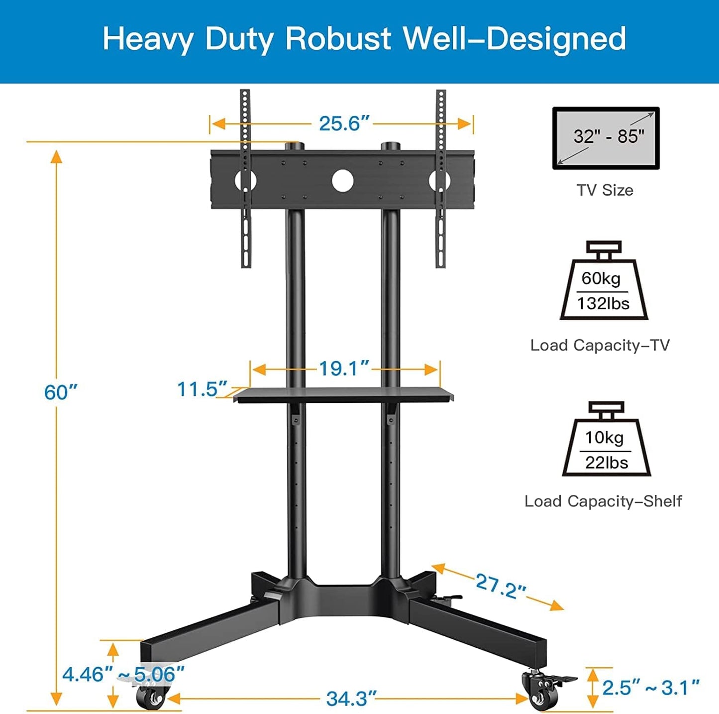 Height Adjustable Mobile TV Cart + Wheels for 32-85 Inch LCD LED Flat Screen TVs, Holds up to 132 lbs, Floor Stand with Tray - Max VESA 600x400mm