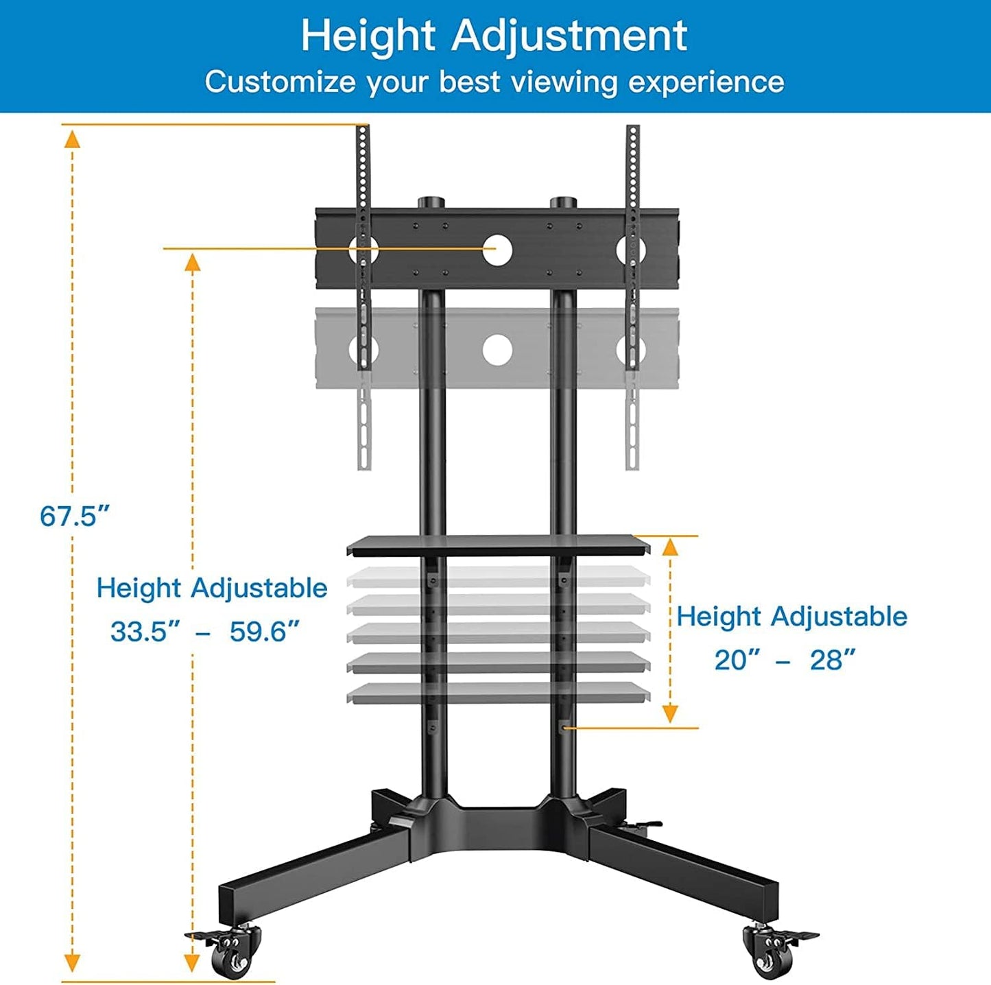 Height Adjustable Mobile TV Cart + Wheels for 32-85 Inch LCD LED Flat Screen TVs, Holds up to 132 lbs, Floor Stand with Tray - Max VESA 600x400mm