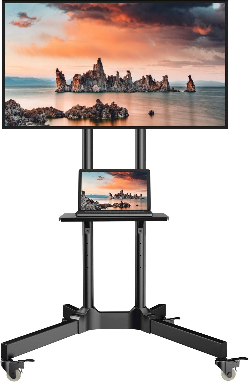 Height Adjustable Mobile TV Cart + Wheels for 32-85 Inch LCD LED Flat Screen TVs, Holds up to 132 lbs, Floor Stand with Tray - Max VESA 600x400mm