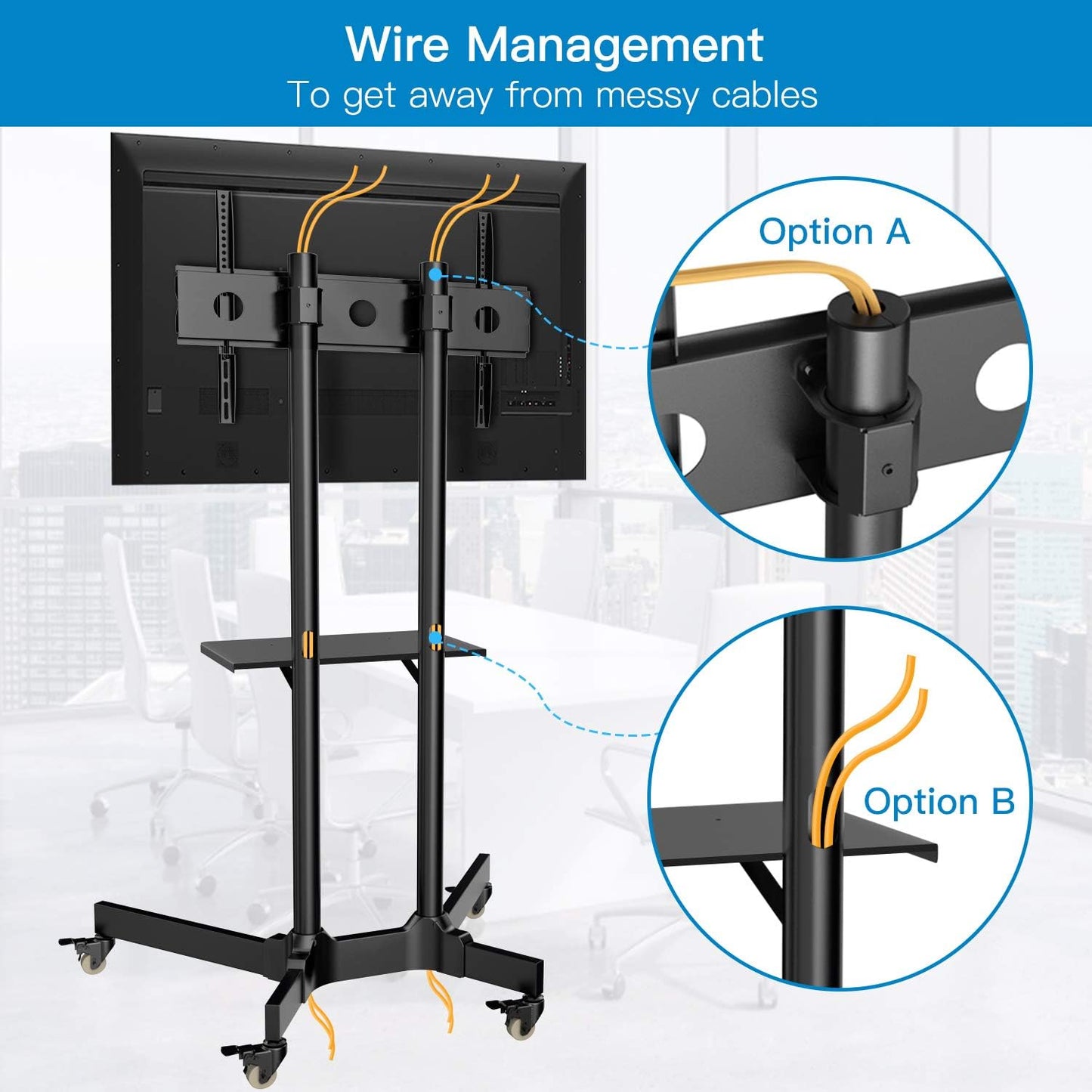 Height Adjustable Mobile TV Cart + Wheels for 32-85 Inch LCD LED Flat Screen TVs, Holds up to 132 lbs, Floor Stand with Tray - Max VESA 600x400mm