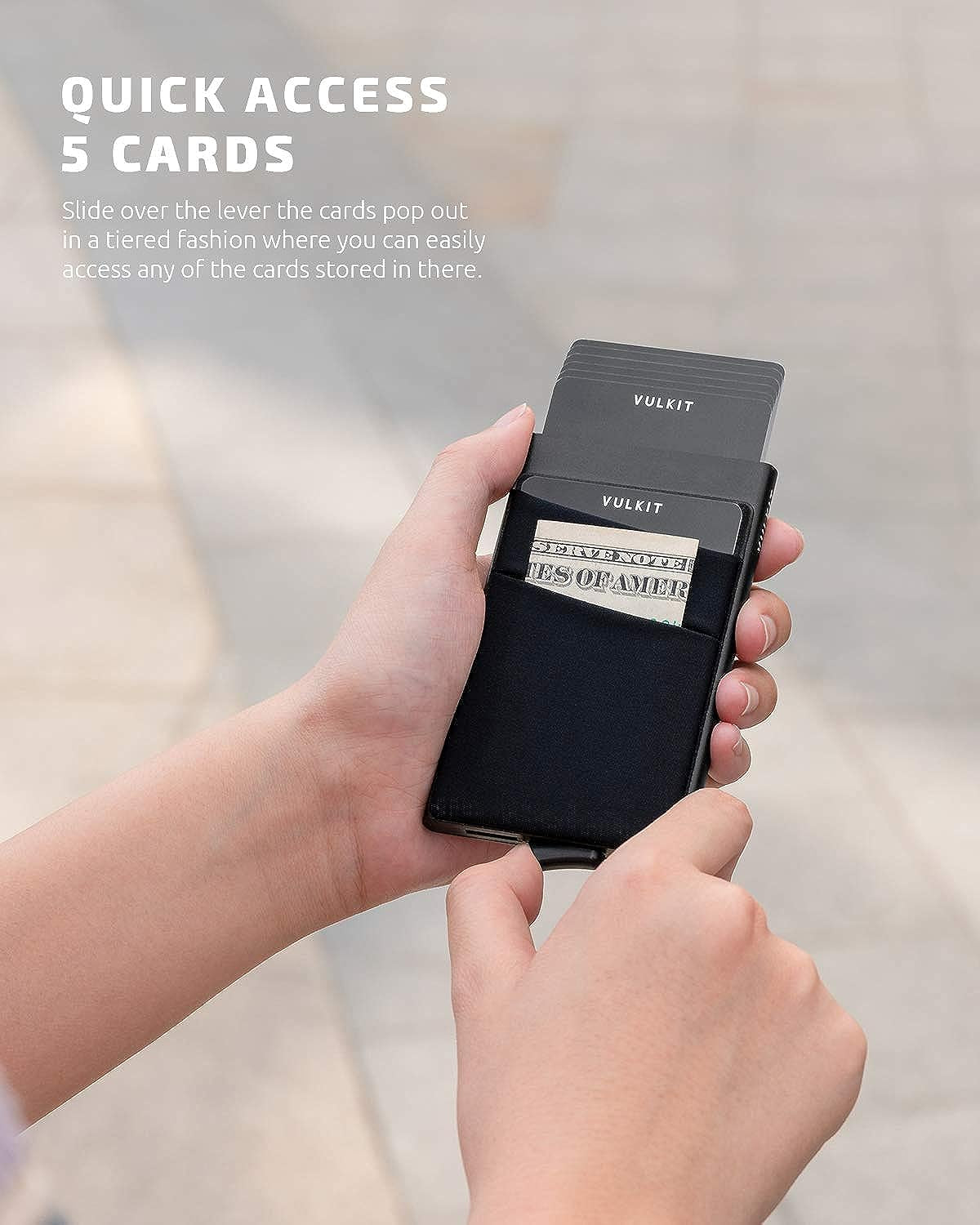 RFID Blocking Card Holder with Pop-Up Money Pocket, Slim Metal Bank Card Case for 5 Cards and Notes