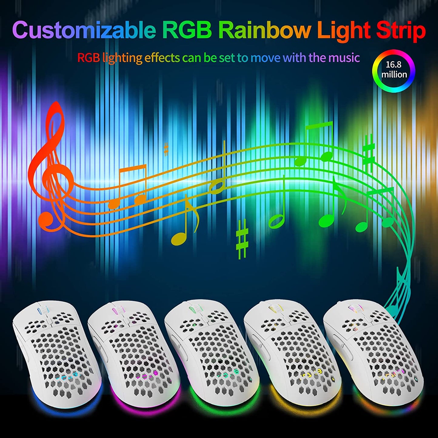 Ultralight Honeycomb Gaming Mouse with High-Precision 12800DPI Optical Sensor, 6 Programmable Buttons, Customizable RGB Lighting, Drag-Free Paracord, Ergonomic Design - Matte White