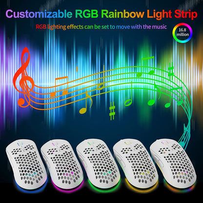 Ultralight Honeycomb Gaming Mouse with High-Precision 12800DPI Optical Sensor, 6 Programmable Buttons, Customizable RGB Lighting, Drag-Free Paracord, Ergonomic Design - Matte White