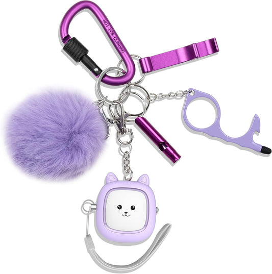 Safe Sound Personal Alarm, 6 Pcs Keychain Accessories - Alarm Keychain, LED Light, Cute Pom Pom, Whistle, and Locking Carabiner Clip