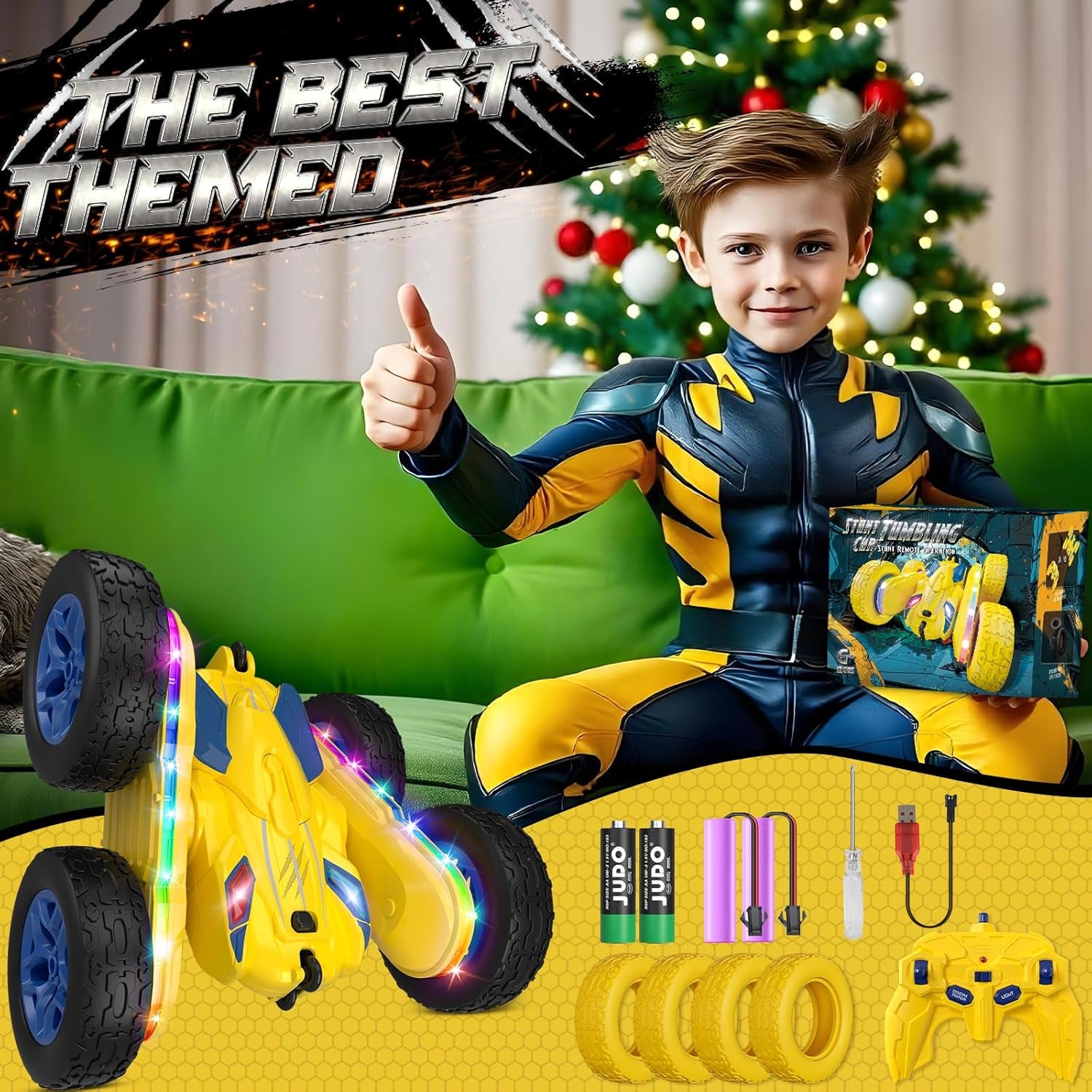 Remote Control Stunt Car-LED Light Strips, Headlights, 2.4GHz All-Terrain Double-Sided 360° Rotating RC Vehicle Ages 8+